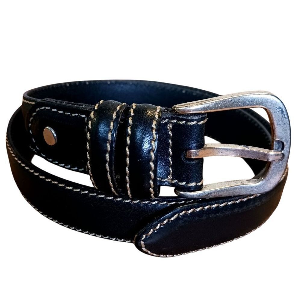 VINTAGE GAP Black Leather Belt Contrast Ivory Stitching Silver Buckle Size M 34